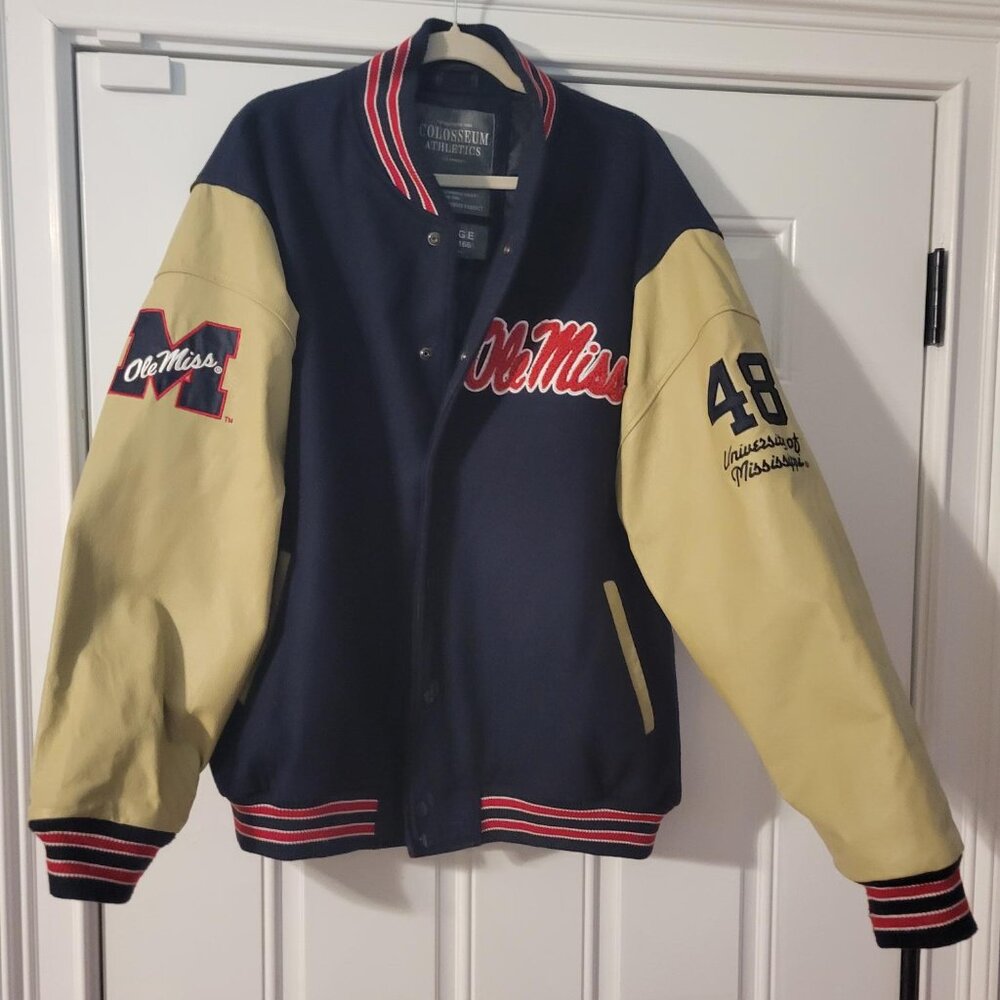 Ole Miss  Wool Football Jacket with Leather Look Sleeves--XL--$100